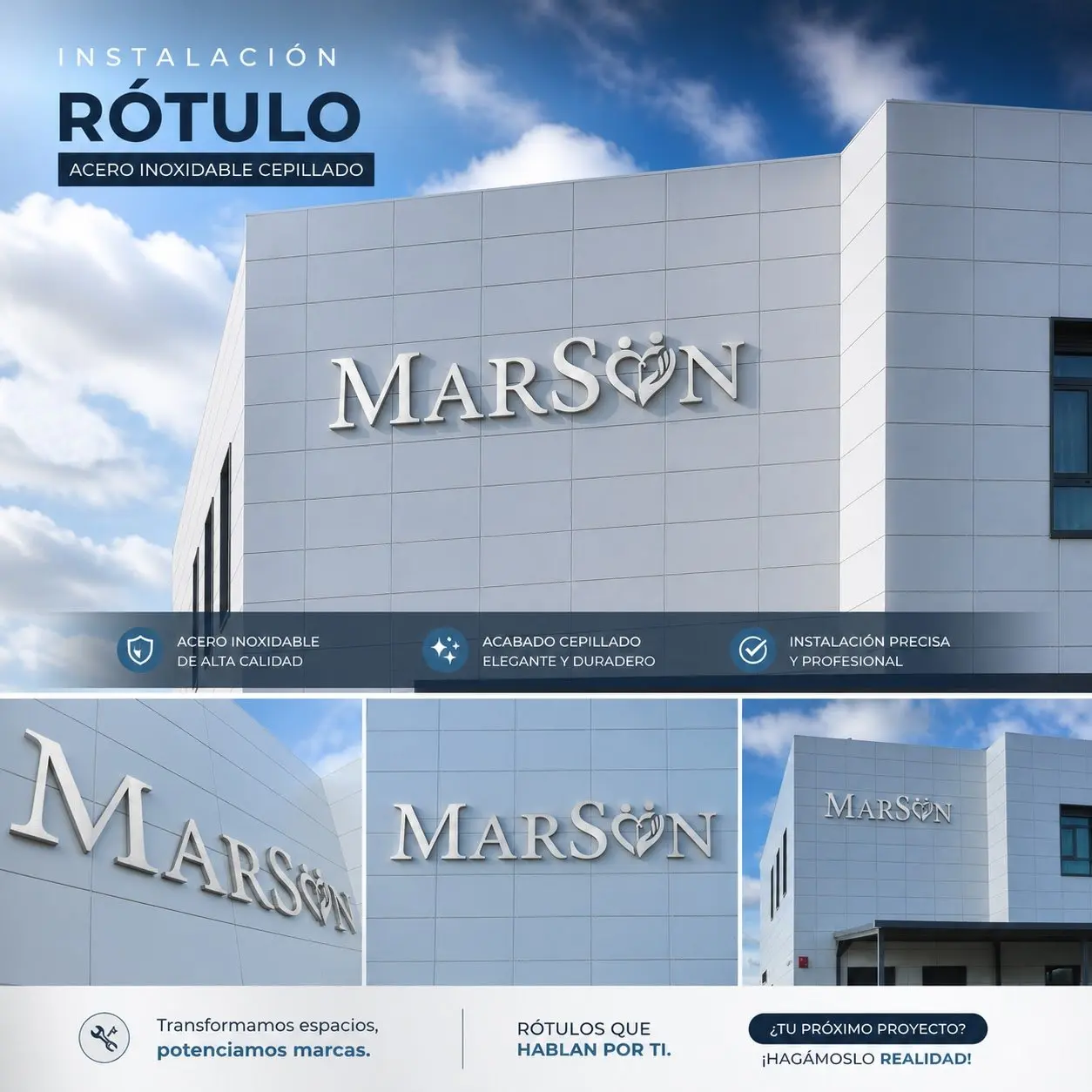 Instalación de rótulo de acero inoxidable cepillado para Marsón